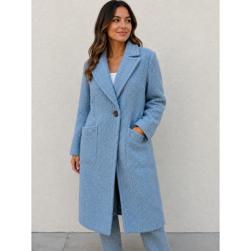 BCBG BlueTeddy Bouclé Long Coat Quiet Luxury Minimalist Elevated Basics Small